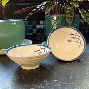 Pier 1 Imports Set of 2 Ceramic Rice Noodle Ramen Bowls W/ Blue Wheat Trim